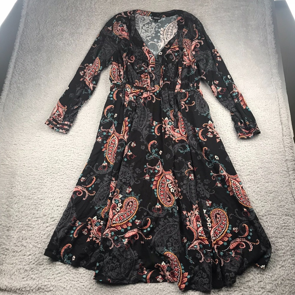 Torrid Midi Challis Skater Dress Womens 1X Black Paisley Fairy Goth Grunge